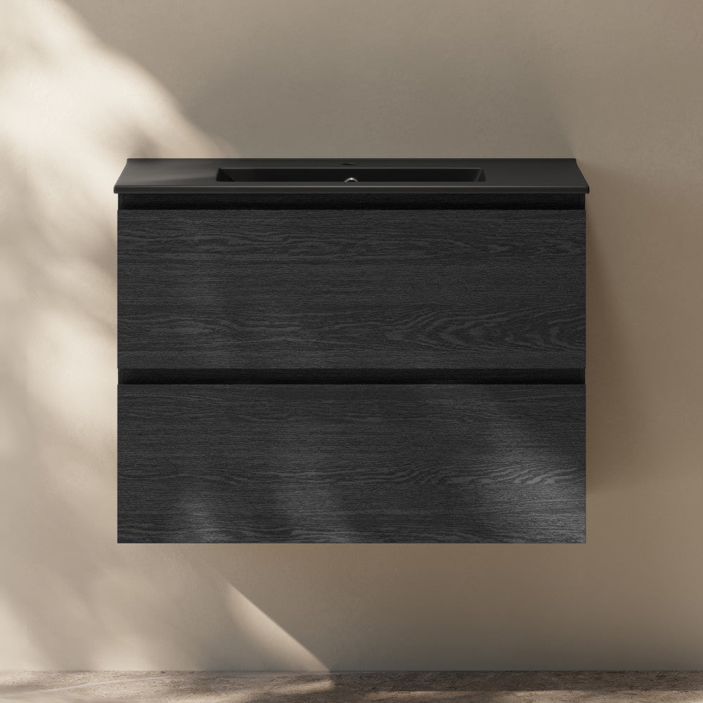 Liberte 30" Wall-Mounted Bathroom Vanity in Black Oak with Black Sink Top
