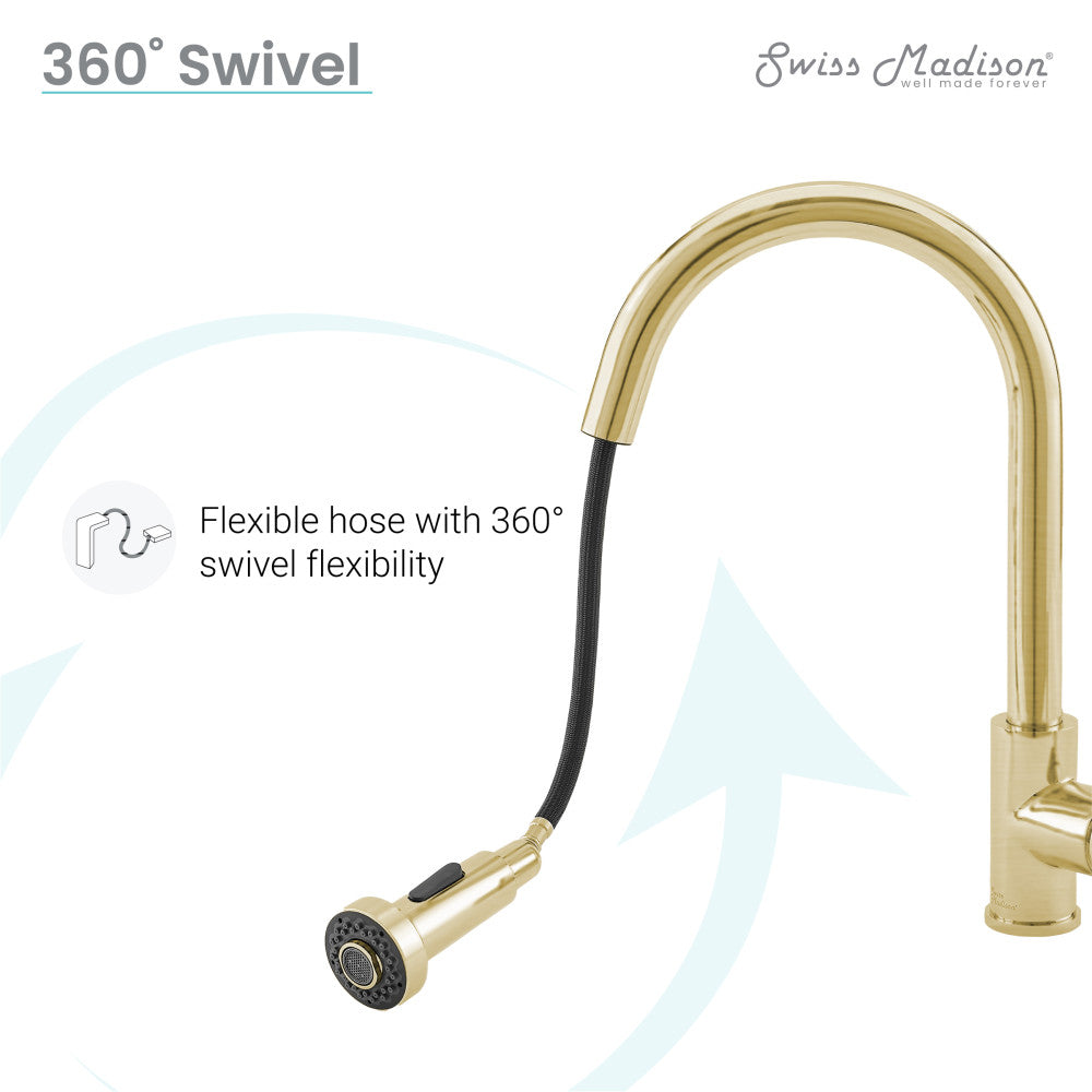 Single handle pull-down kitchen faucet in brushed gold with flexible hose and 360° swivel.