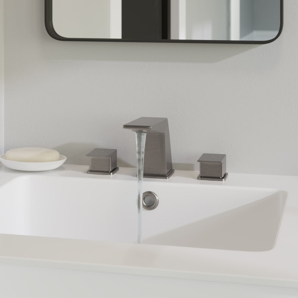 Carre widespread bathroom faucet in brushed nickel, 2-handle design with flat spout.
