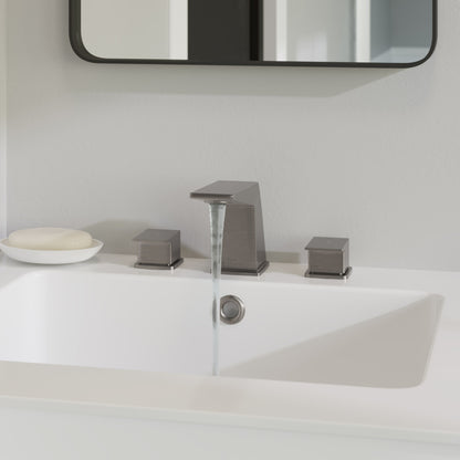 Carre widespread bathroom faucet in brushed nickel, 2-handle design with flat spout.