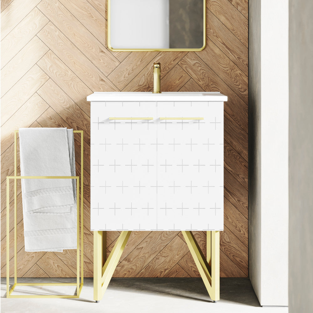 24-inch freestanding bathroom vanity in galaxy white with single sink and gold legs.