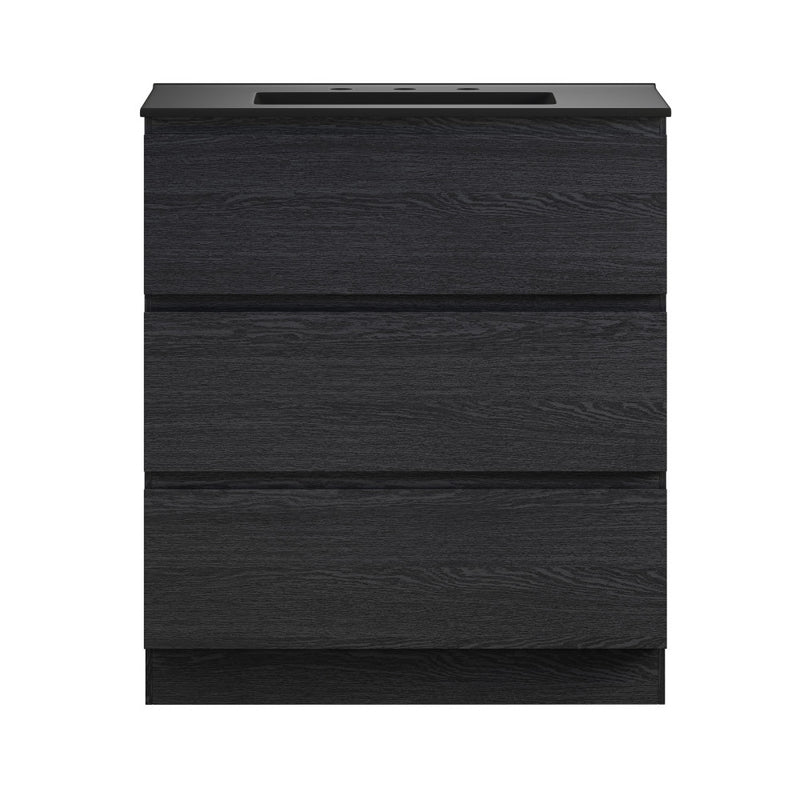 Liberte 30" Freestanding Bathroom Vanity in Black Oak with Black 3-Hole Widespread Sink Top