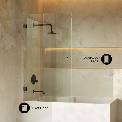 Voltaire 24 x 58 Frameless Pivot 3/8 in. (10mm) Ultra Clear Tempered Glass Tub Door with Matte Black Hardware