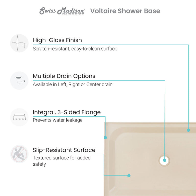 Voltaire 48" x 32" Single-Threshold, Center Drain, Shower Base in Biscuit