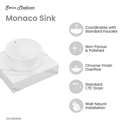 Monaco 24" Floating Bathroom Shelf with Vessel Sink in White Marble