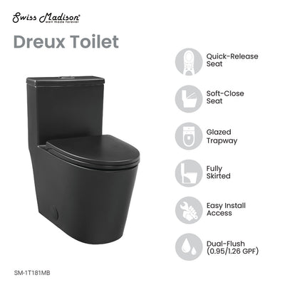 Dreux One Piece Elongated Dual Flush Toilet with 0.95/1.26 GPF in Matte Black