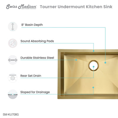 Tourner 26 x 18 Stainless Steel, Single Basin, Undermount Kitchen Sink, Gold