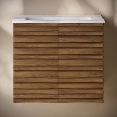 Cascade 24" Wall-Mounted Bathroom Vanity in Brown Oak with 3-Hole Centerset Sink Top