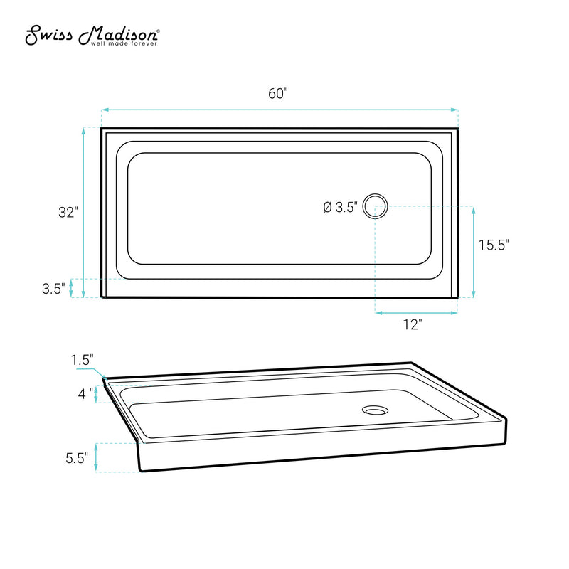 Voltaire 60" x 32" Single-Threshold, Right-Hand Drain, Shower Base in Grey