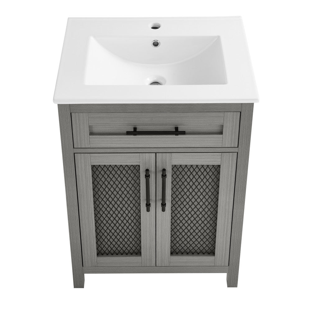 24-inch freestanding bathroom vanity in carbon gray, single sink, soft-close doors.