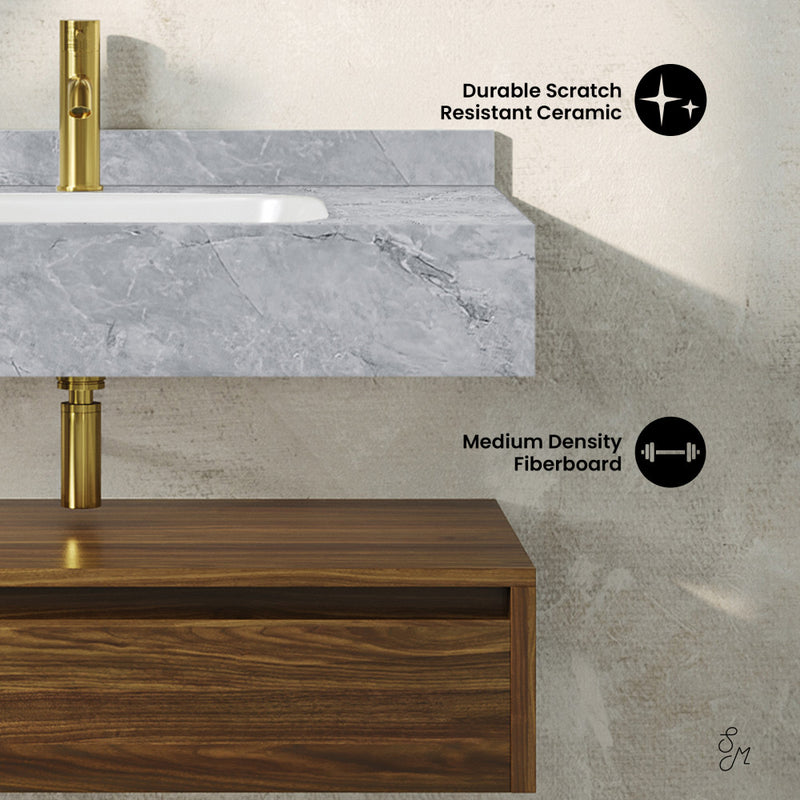 Avancer 36" Wall-Mounted Bathroom Vanity in Brown Oak with Storm Grey Sink Top