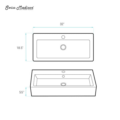 Voltaire 32" Rectangle Vessel Sink in Glossy White with Faucet Mount
