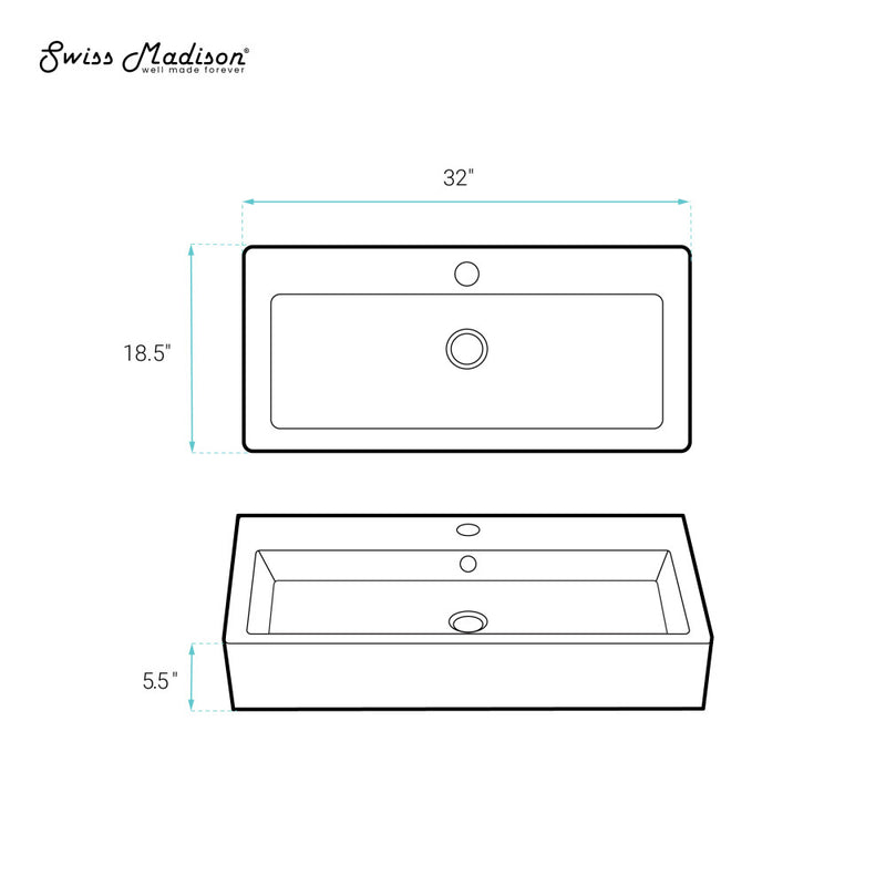 Voltaire 32" Rectangle Vessel Sink in Glossy White with Faucet Mount