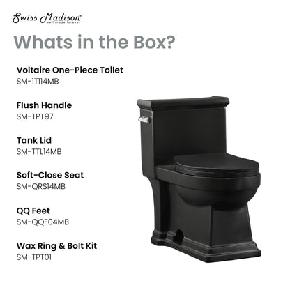 Elongated one-piece toilet in matte black with left side flush handle and soft-close seat.