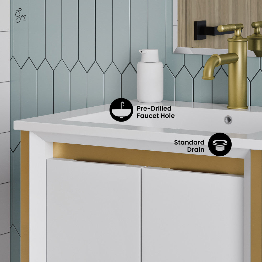 Marseille 24" Bathroom Vanity in White and Brushed Gold