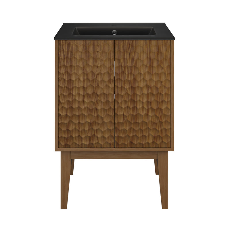 Bosse 24" Freestanding Bathroom Vanity in Brown Oak with Black Sink Top