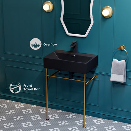 Claire 24 Ceramic Console Sink Matte Black Basin Brushed Gold Legs