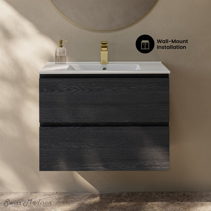 Liberte 30" Wall-Mounted Bathroom Vanity in Black Oak with Sink Top