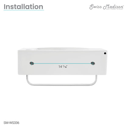21.5-inch white wall-mount bathroom sink with right side chrome faucet and towel bar.