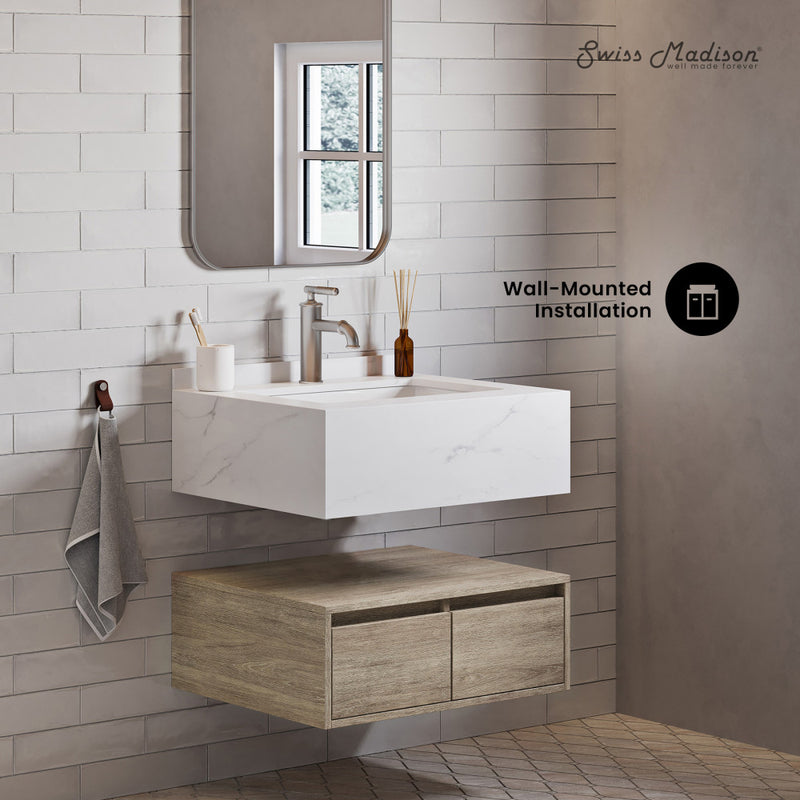 Avancer 24" Wall-Mounted Bathroom Vanity in Calacatta and White Oak