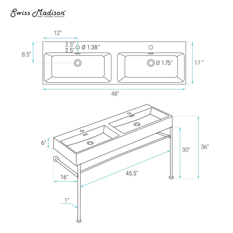 Claire 48" Double Basin Console Sink with Matte Black Legs