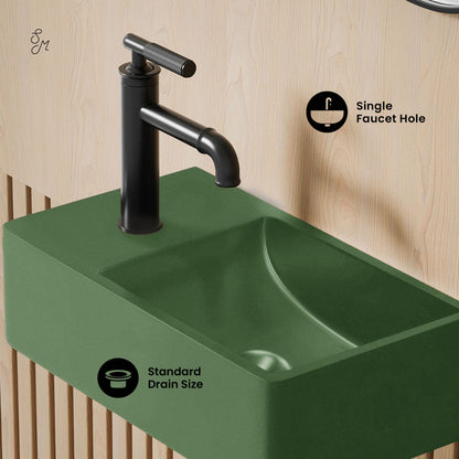 Lisse 16" Concrete Rectangle Wall-Mounted Sink with Left Side Faucet Mount in Matte Royal Green