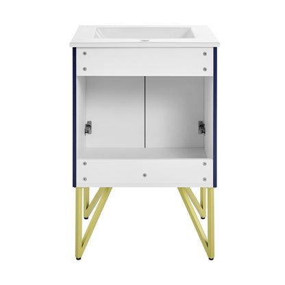 24-inch freestanding bathroom vanity in navy blue with white sink top and gold metal legs, soft-close doors.