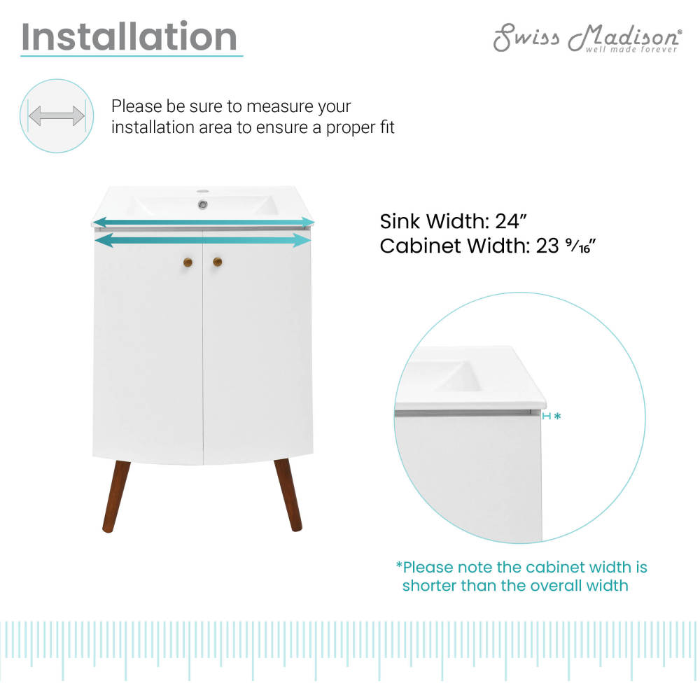 24-inch freestanding white bathroom vanity with single sink and wooden tapered legs.
