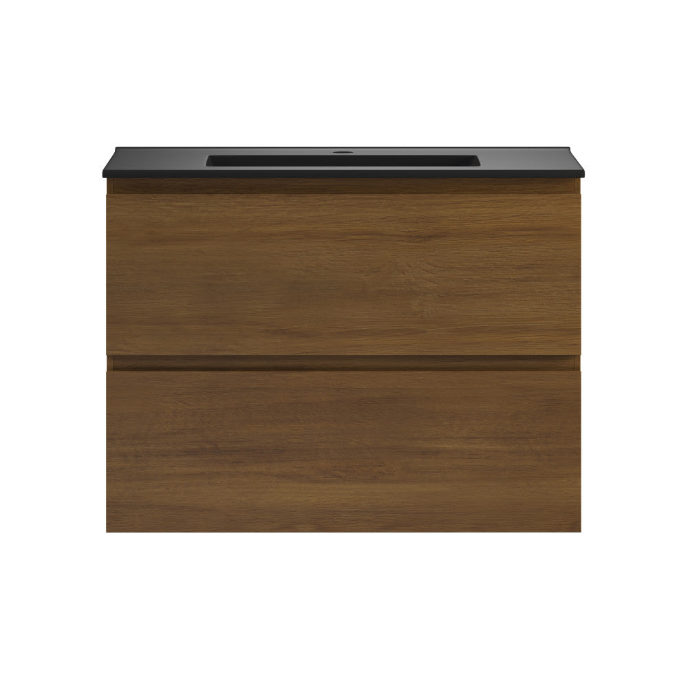 Liberte 30" Wall-Mounted Bathroom Vanity in Brown Oak with Black Sink Top