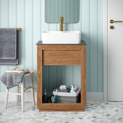 Rennes 24" Reclaimed Wood Vanity in Natural Teak with Slate Countertop and Single Hole Vessel Sink