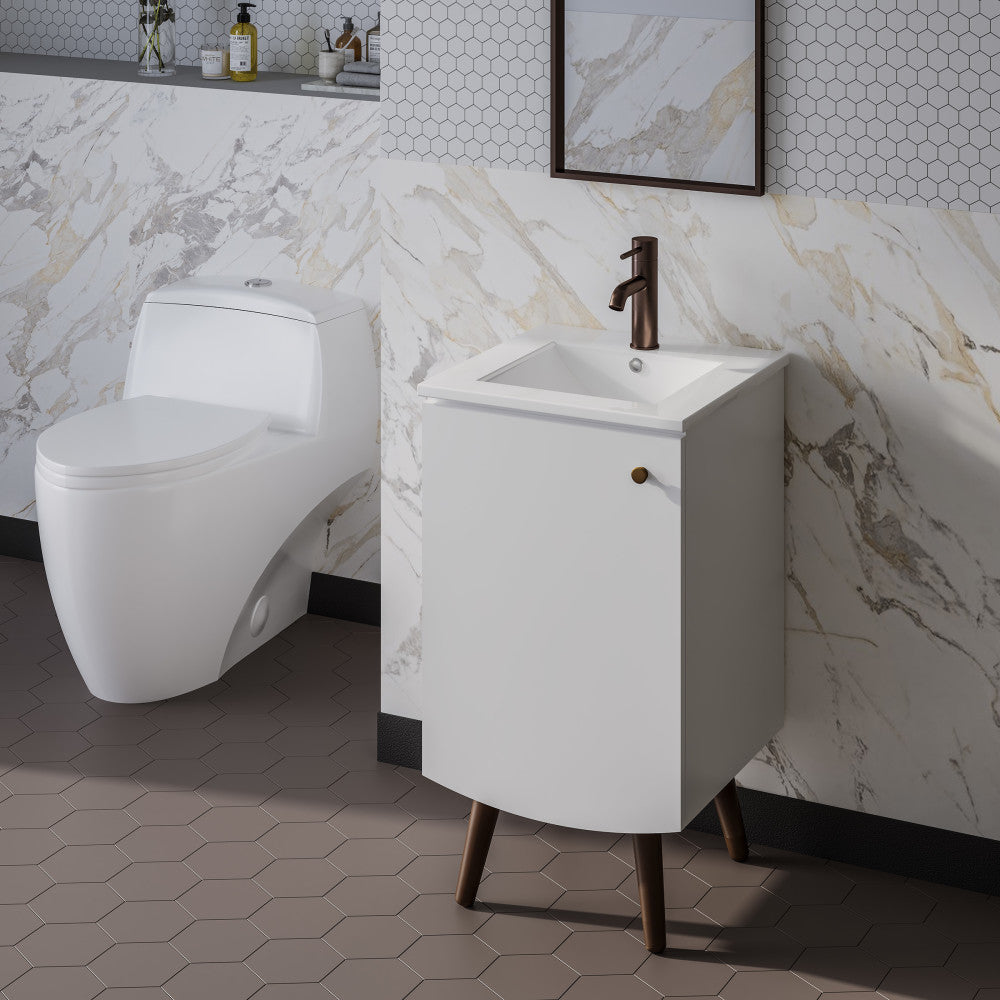 18-inch freestanding white bathroom vanity, single sink, soft-close door, angled legs.