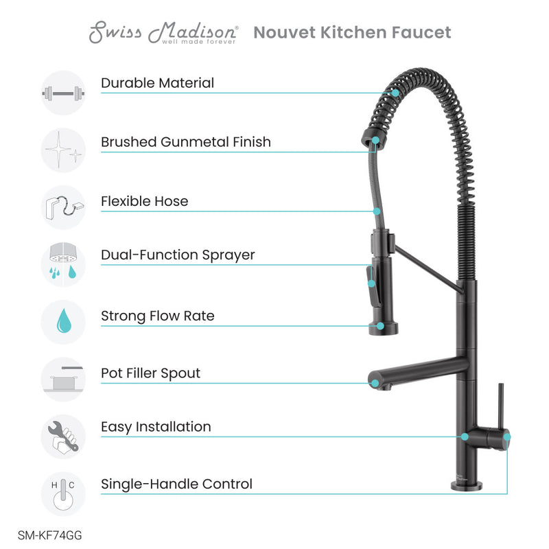 Nouvet Single Handle, Pull-Down Kitchen Faucet with Pot Filler in Gunmetal Gray