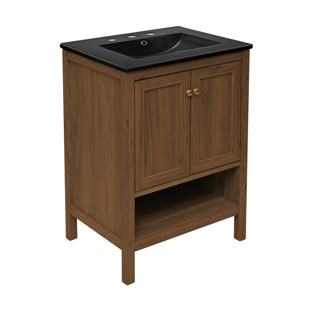 Chateau 24" Freestanding Bathroom Vanity in Brown Oak with Black 3-Hole Widespread Sink Top