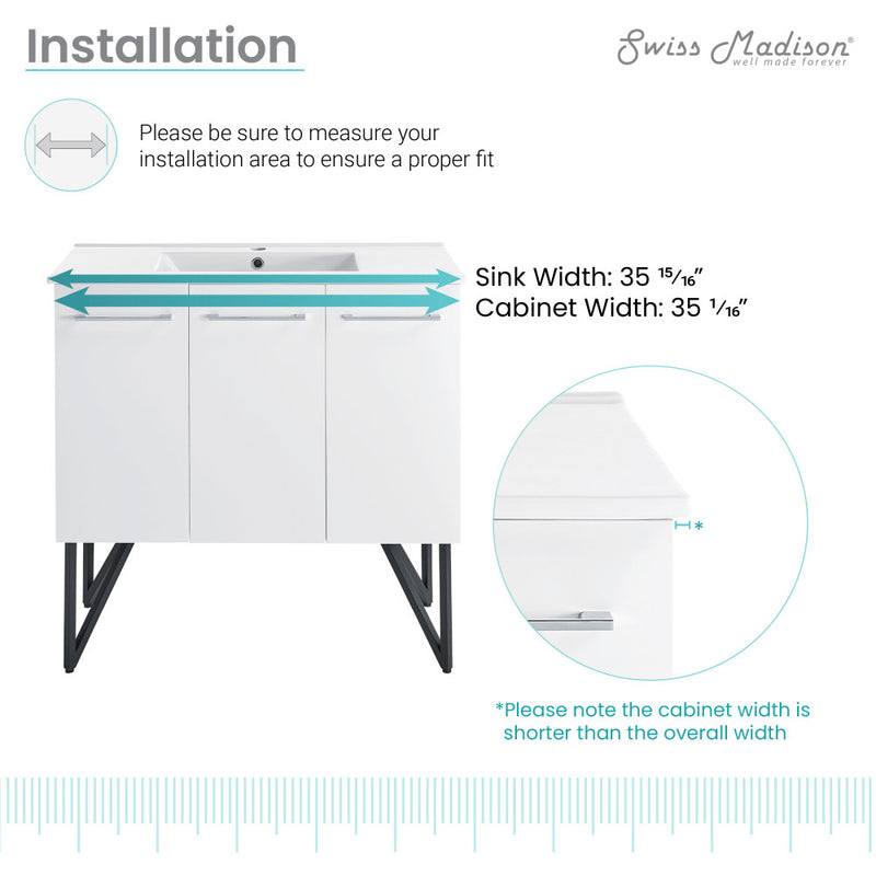 Annecy 36" Freestanding Bathroom Vanity in White with Sink Top