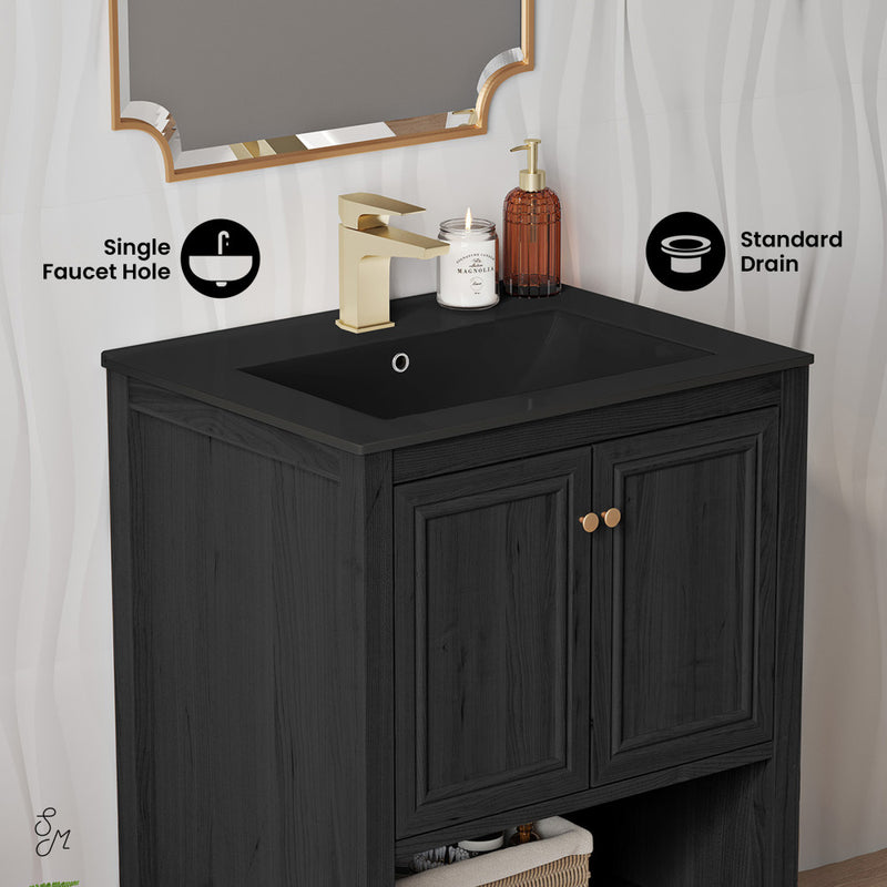 Château 24" Freestanding Bathroom Vanity in Black Oak with Black Sink Top