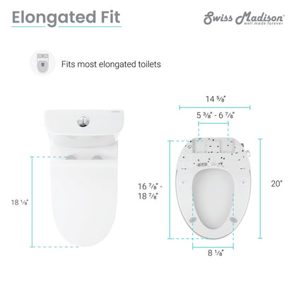 White elongated smart toilet seat bidet with built-in bidet nozzle and control dial.