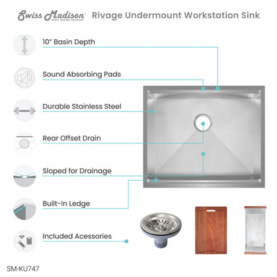 Rivage 27 x 19 Single Basin Undermount Kitchen Workstation Sink