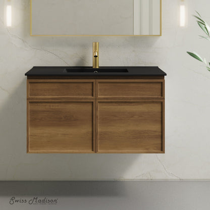 St. Tropez 36" Wall-Mounted Bathroom Vanity in Brown Oak with Black Sink Top