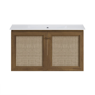 Classe 36" Wall-Mounted Bathroom Vanity in Brown Oak with Single Faucet Hole Vanity Top