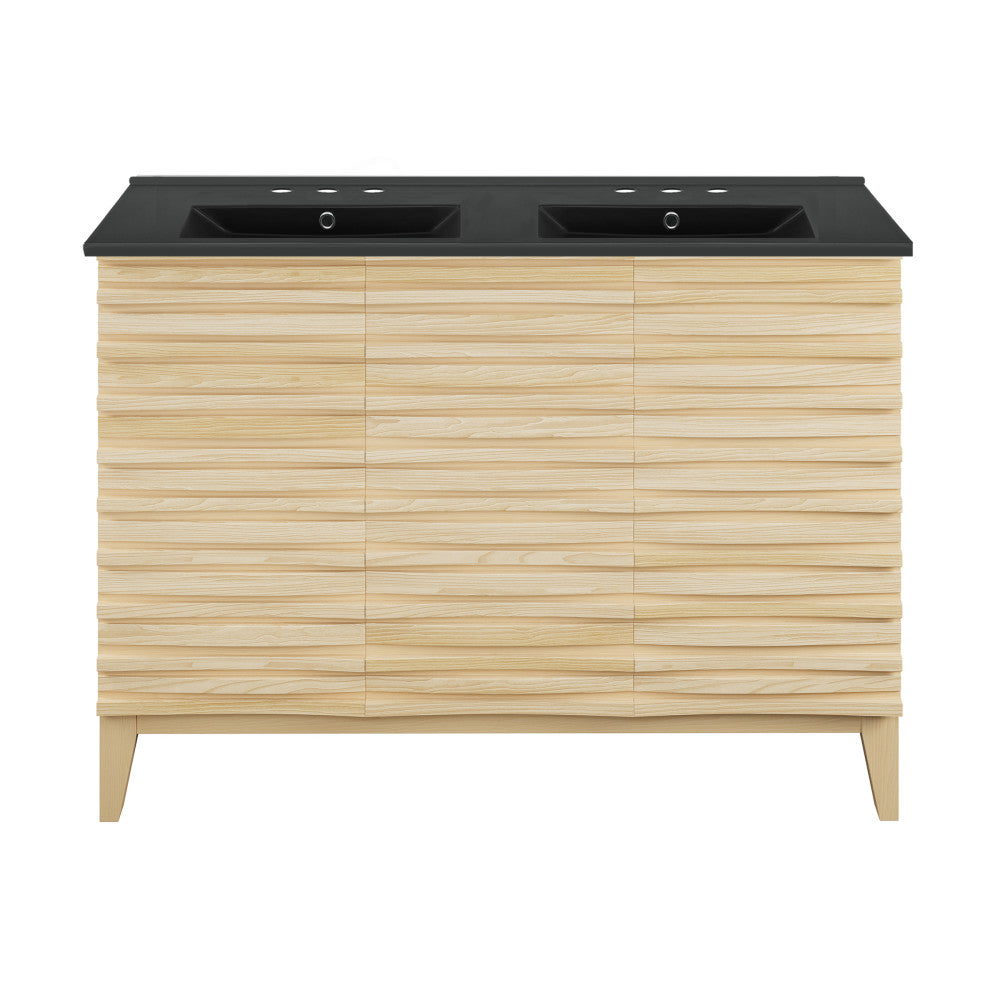 Cascade 48 in. Natural Oak, Double Basin Bathroom Vanity With Black, 3-Hole Centerset Ceramic Sink Top