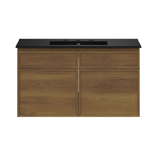 St. Tropez 36" Wall-Mounted Bathroom Vanity in Brown Oak with Black 3-Hole Widespread Sink Top