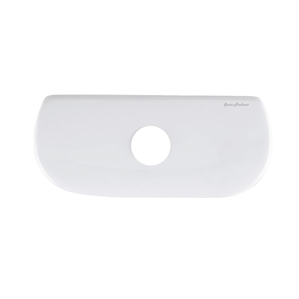 White dual flush toilet tank lid with central flush button hole.
