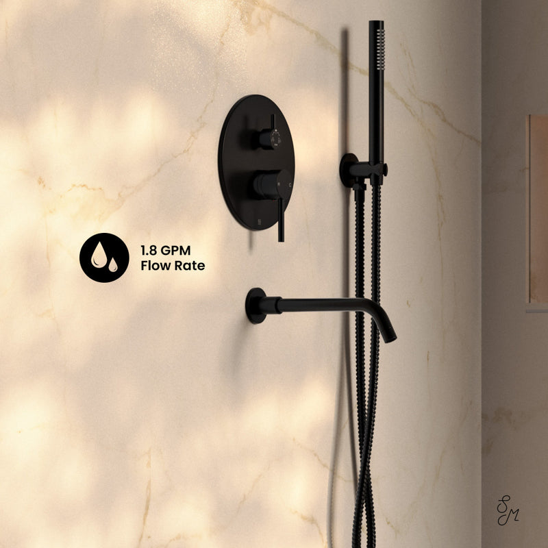 Ivy 1.8 GPM Wall Mount Fixed Shower Head with Hand Sprayer and Tub Filler in Matte Black, Valve Included