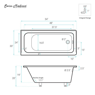 Voltaire 54 x 30 Right Drain Soaking Alcove Bathtub in Glossy Black