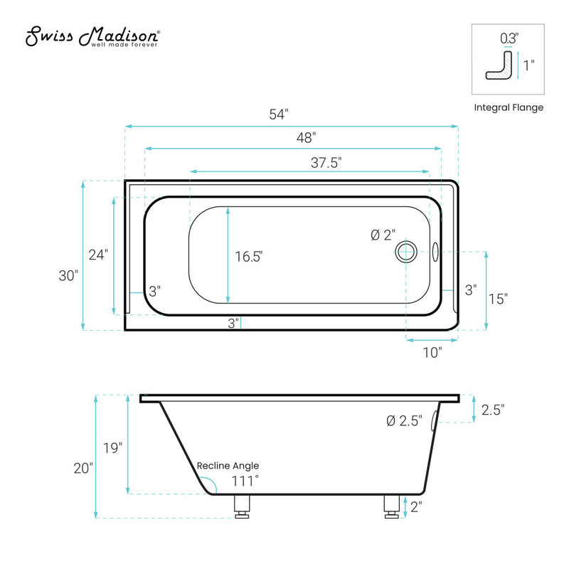 Voltaire 54 x 30 Right Drain Soaking Alcove Bathtub in Glossy Black