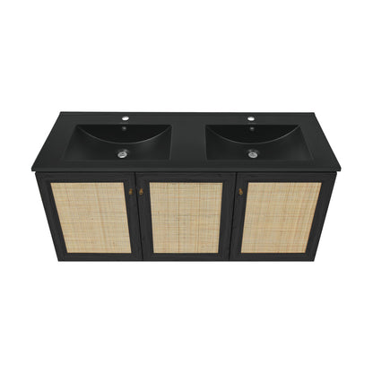 Classe 48" Wall-Mounted Bathroom Vanity in Black Oak with Black Double Basin Sink Top