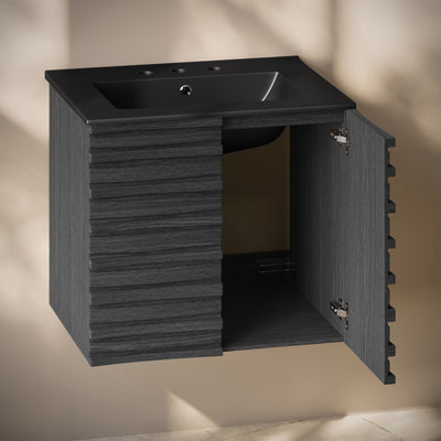 Cascade 24" Wall-Mounted Bathroom Vanity in Black Oak with Black 3-Hole Widespread Sink Top