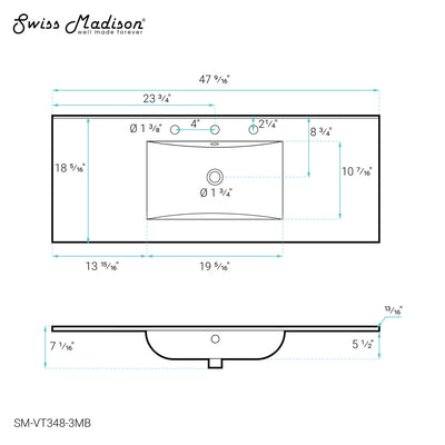 48" 3-Hole Widespread Vanity Sink Top in Matte Black