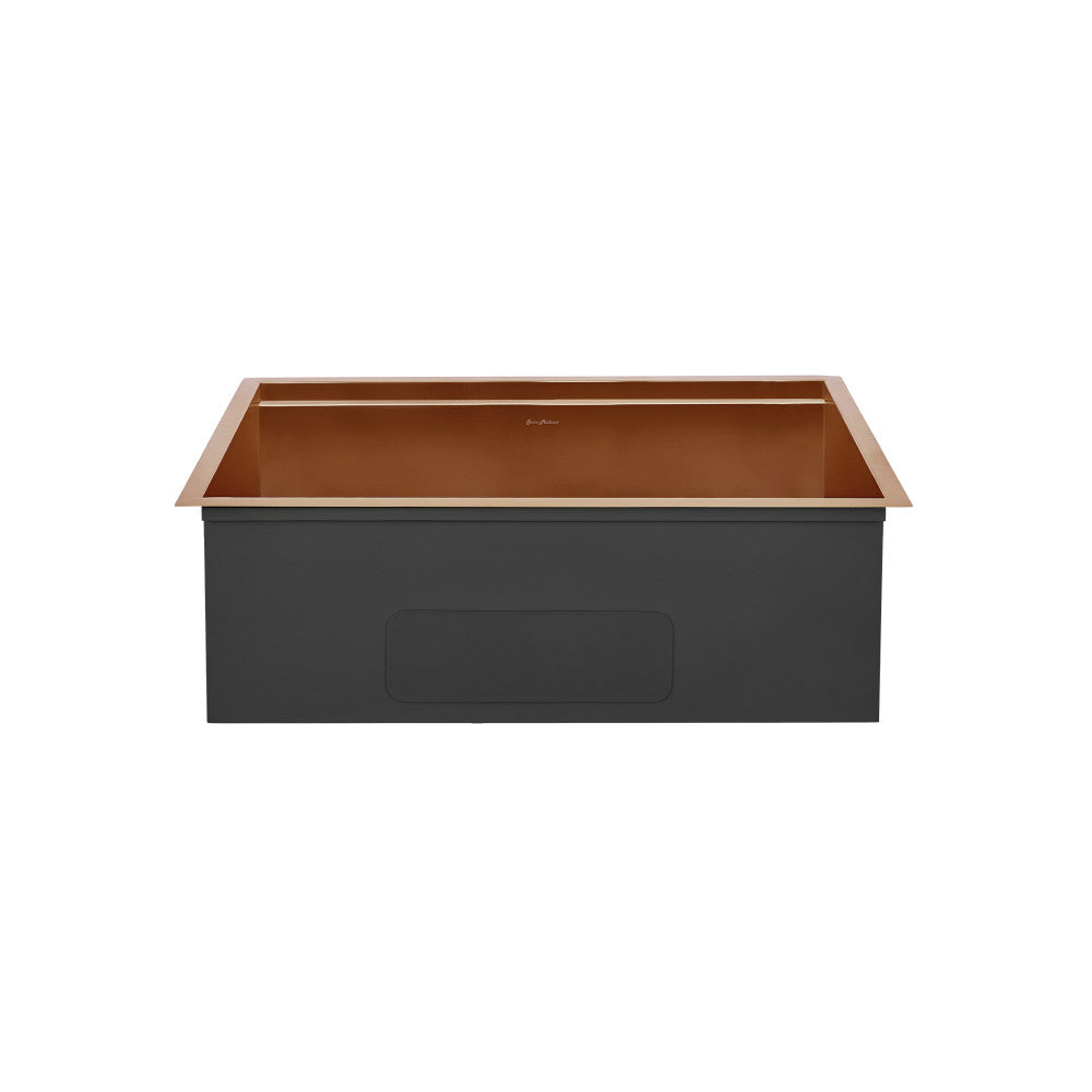 30 x 19-inch undermount stainless steel kitchen sink in rose gold, single basin workstation design.