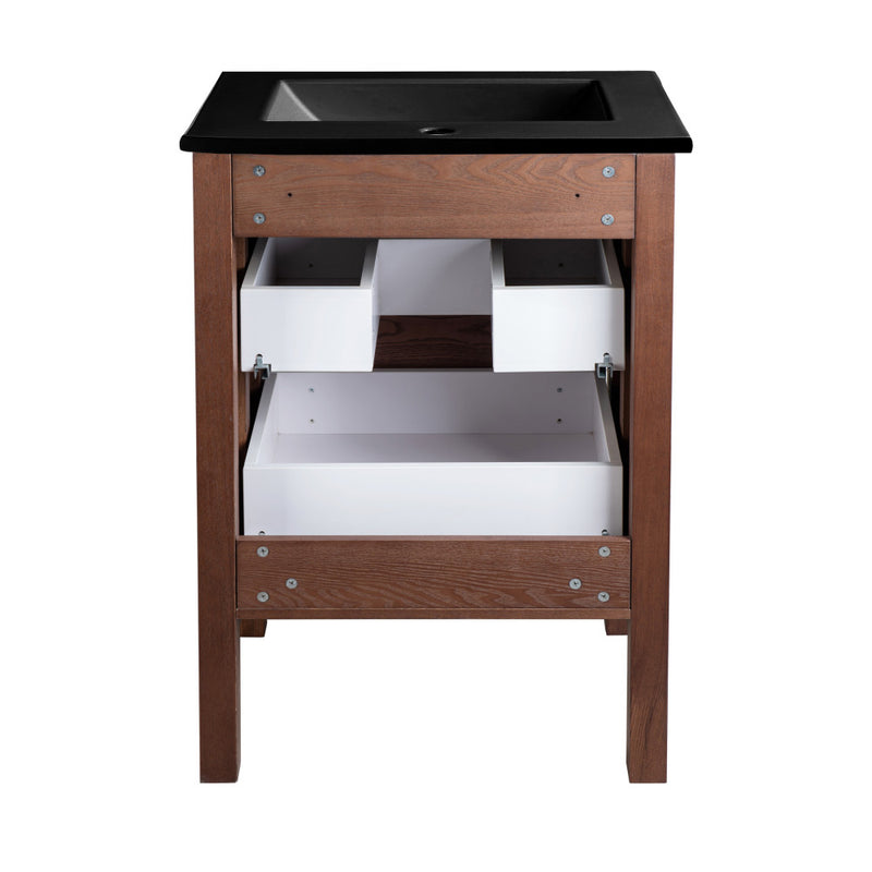 Nadar 24 in. Brown Walnut Bathroom Vanity With Black Ceramic Sink Top